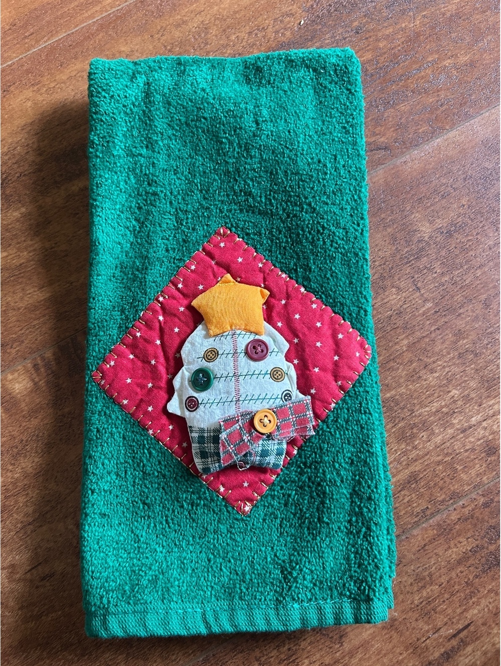 Handmade Green Christmas Kitchen Towel with Appliqué Tree Decoration